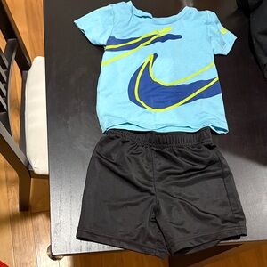 Nike Light Blue Tee and Children’s Place Black Shorts Set 18 months like new
